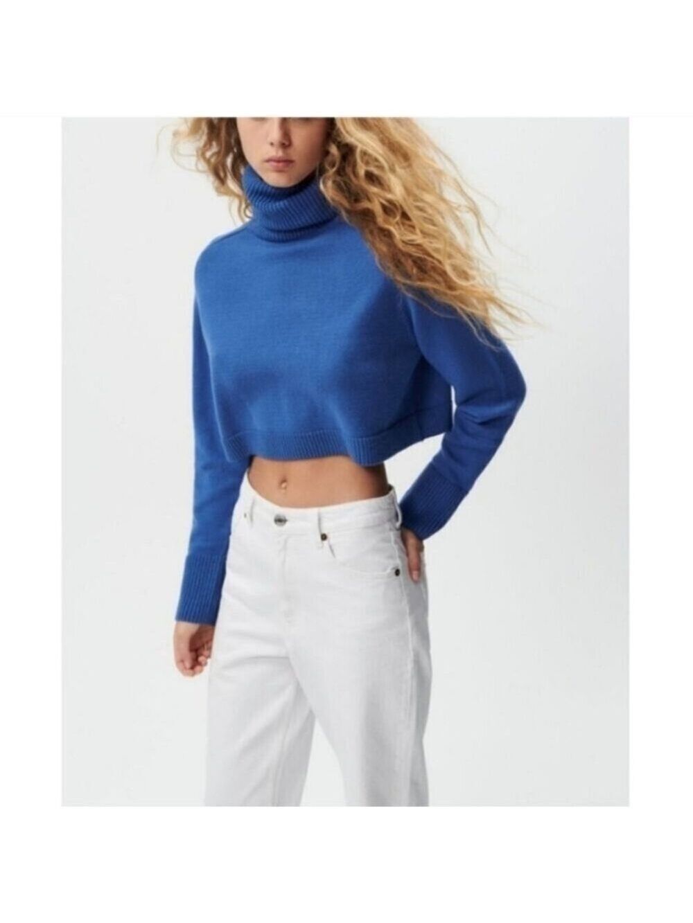ZARA | High Neck Cropped Sweater Blue Sz M